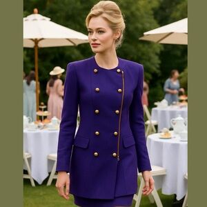 80s THE LIMITED WOOL PURPLE LONG JACKET ZIP MOTO FRONT & PENCIL MINI SKIRT SZ 8